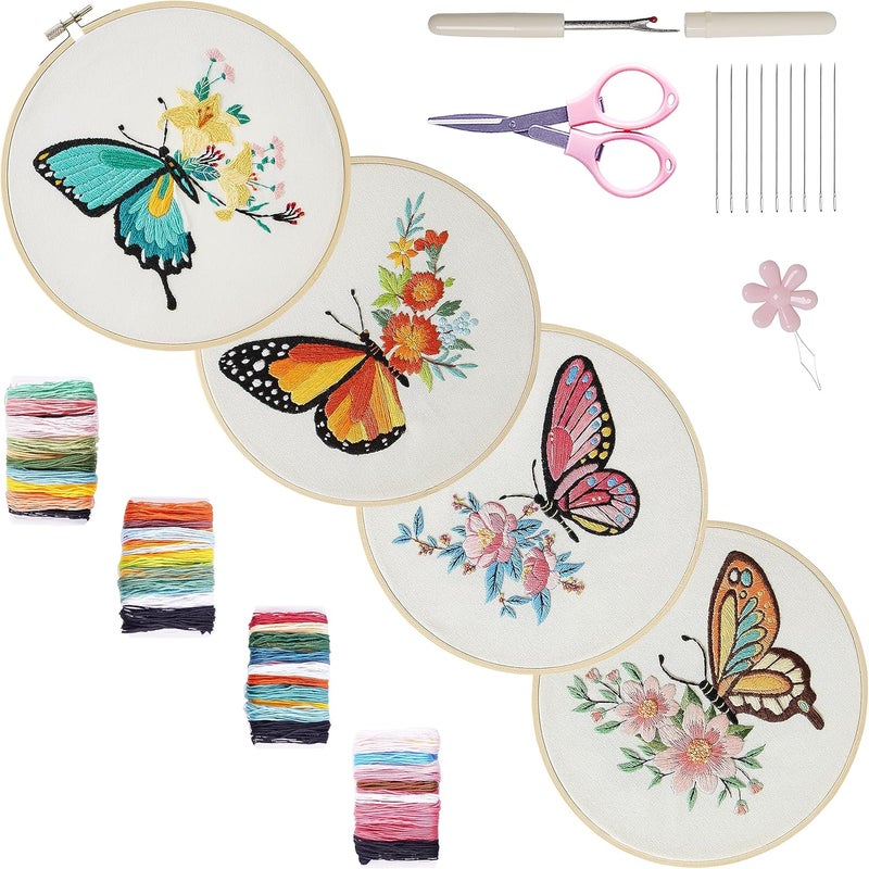 Bonroy 4 Sets Embroidery Set for Beginners, Art Craft, Easy Sewing, Includes Embroidery Clothing, Pattern, Embroidery Hoop, Instruction Manual, Colorful Thread Needles Set (Butterfly) - Image 1